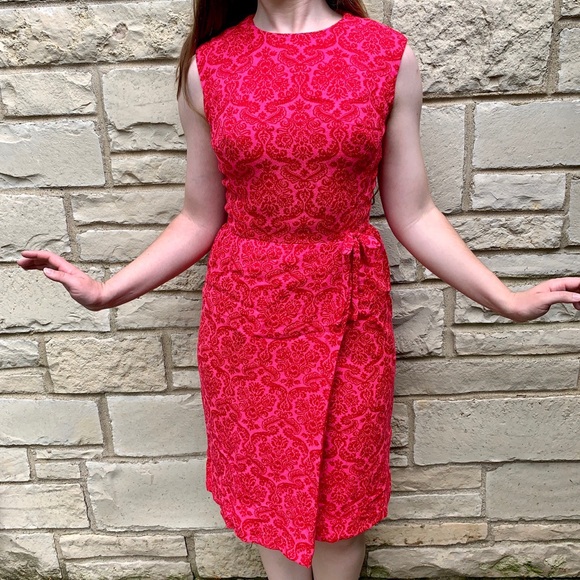 Vintage Dresses & Skirts - VTG 1960s Bright Pink Damask Wrap Cocktail Dress